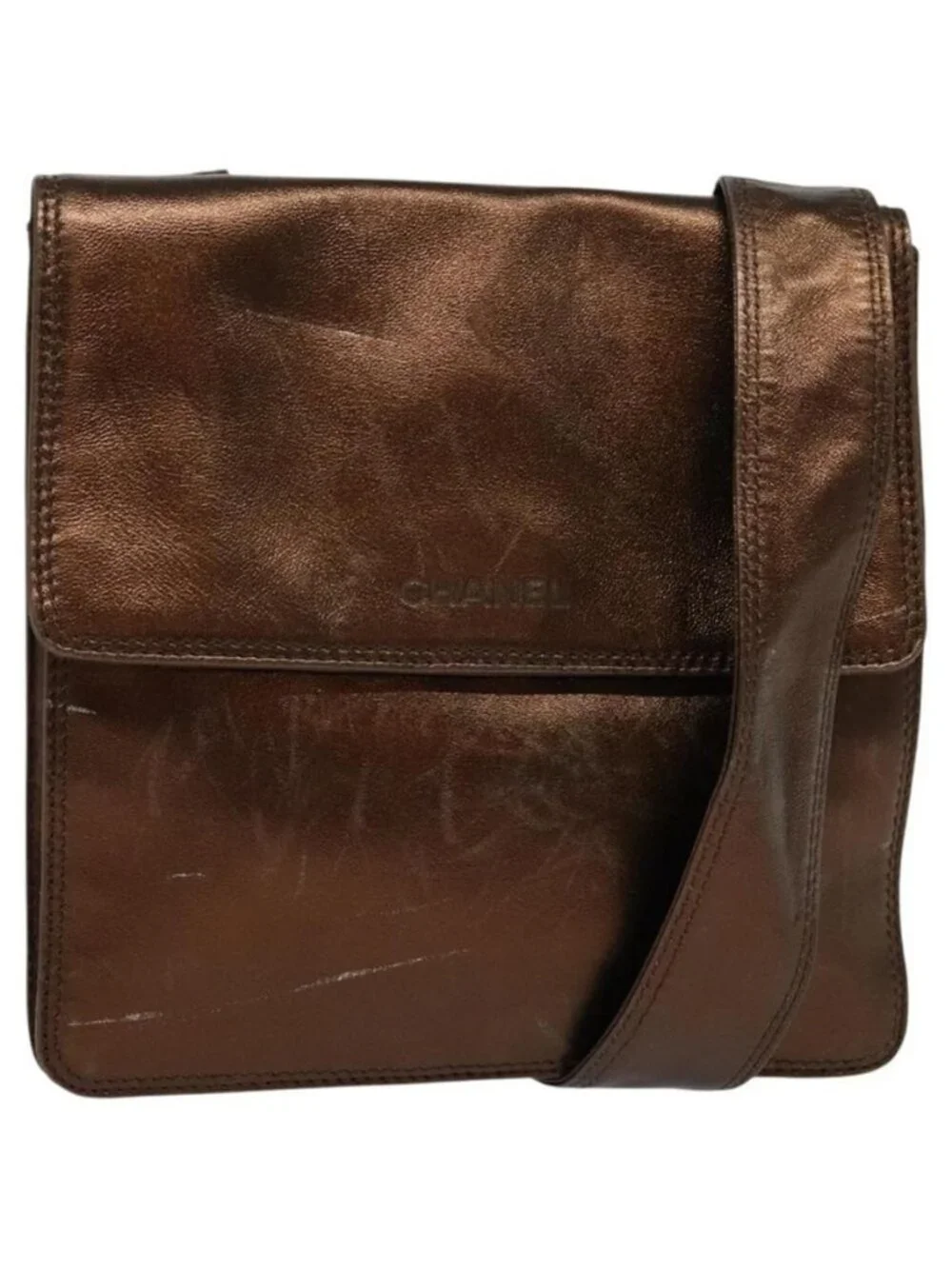 Authentic CHANEL Shoulder Bag Leather Brown CC